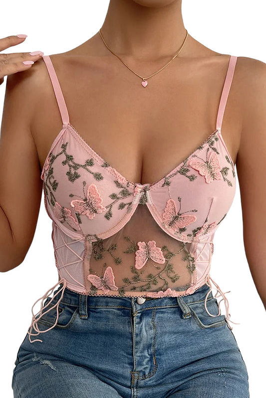 Pink Embroidered Butterfly Side Tie Mesh Bustier Bralette