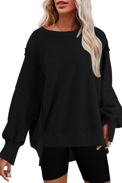 Khaki Exposed Seam Drop Shoulder Slit High Low Hem Sweatshirt