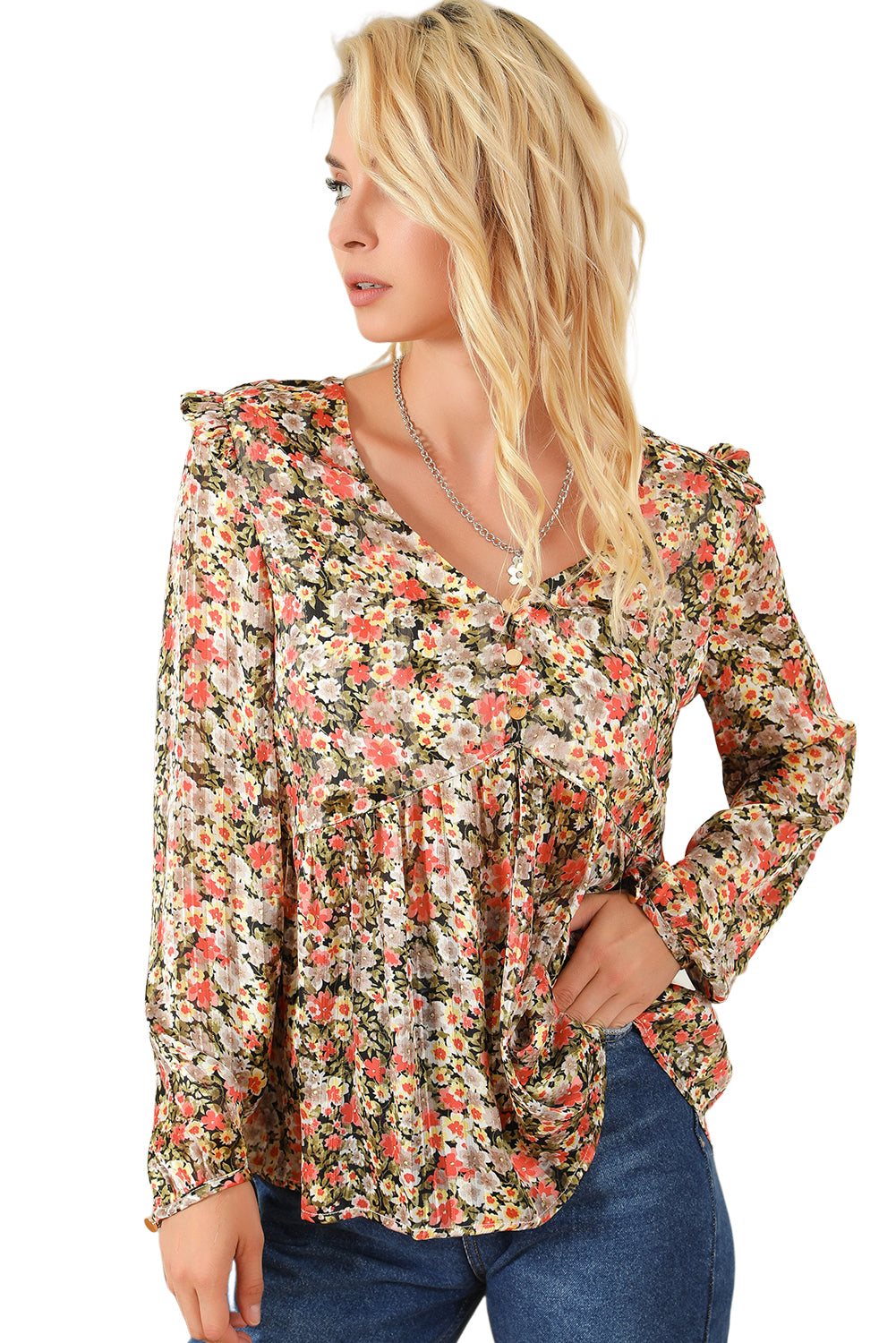 Blusa babydoll con volantes, cuello en V y estampado floral color caqui