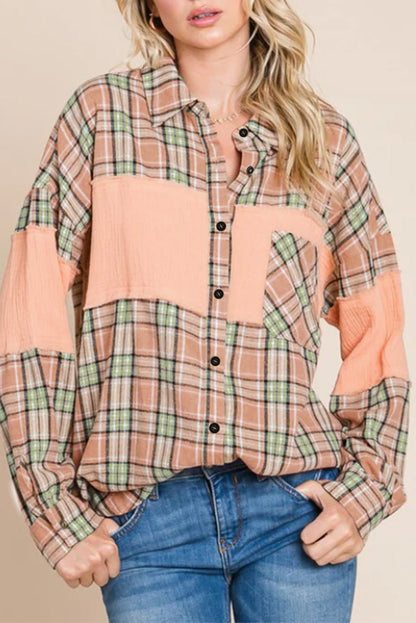 Camisa oversize con estampado de cuadros y patchwork arrugado en color naranja