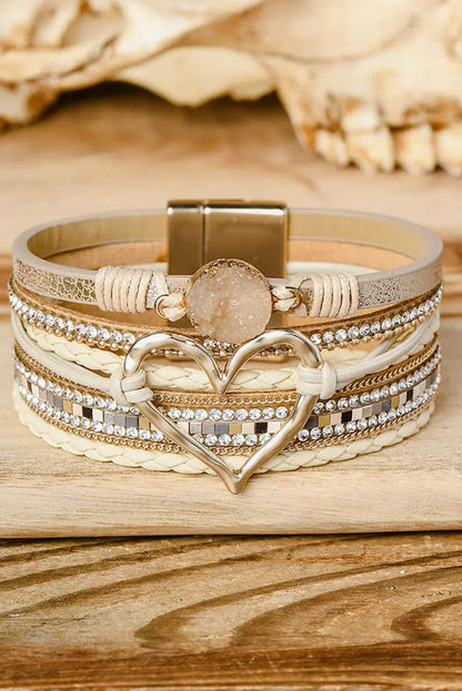 Pulsera con hebilla magnética y diamantes de imitación en forma de corazón bohemio beige