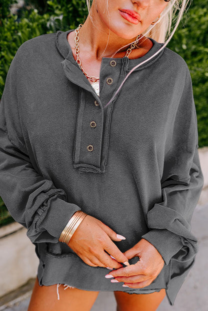 Drop Shoulder Henley Buttons Sweatshirt