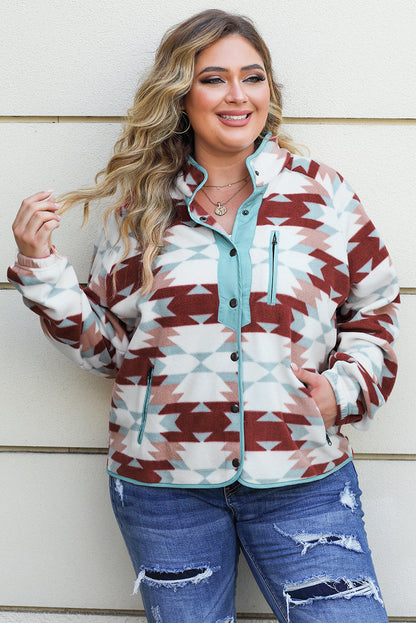 Red Western Aztec Buttoned Zipper Pockets Fleece Jacket