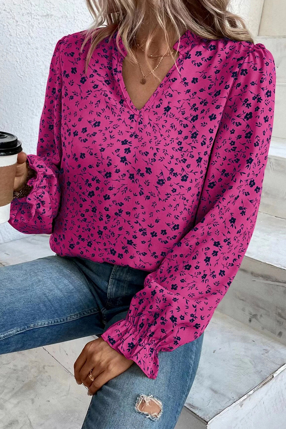 Rose Floral Print Split Neck Long Sleeve Blouse