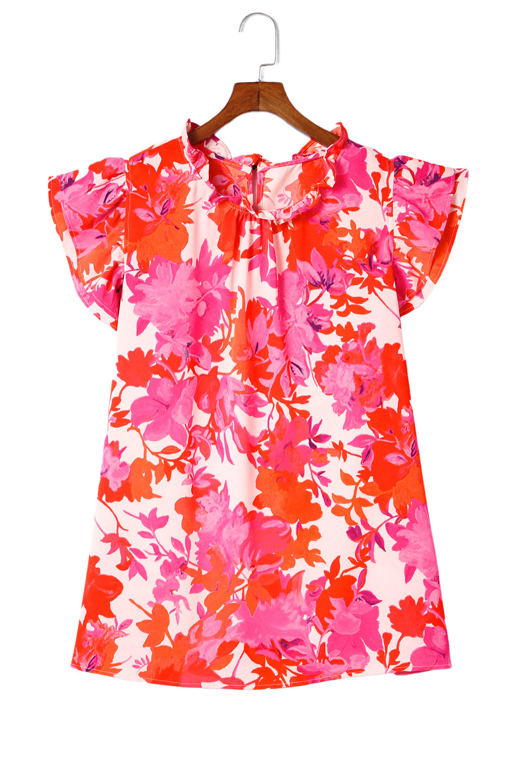 Blusa de talla grande con estampado floral, cuello con volantes y mangas escalonadas con rosas