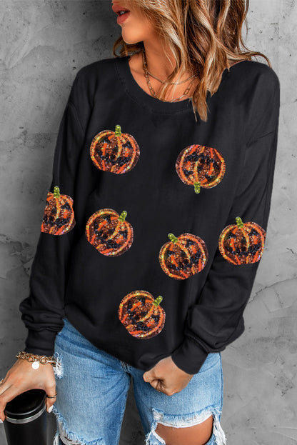 White Sequin Halloween Pumpkin Graphic Pullover Sweatshirt