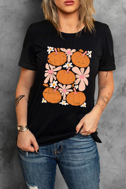 Black Halloween Sunflower Pumpkin Graphic Tee