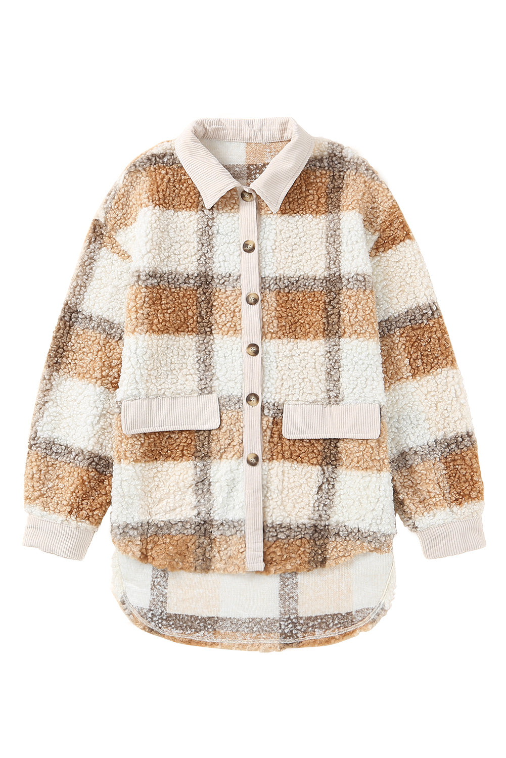 Brown Plaid Pocketed Teddy Jacket