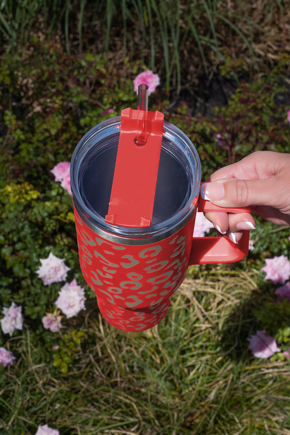 Taza de acero inoxidable 304 con doble aislamiento y manchas de leopardo rosa de 40 oz