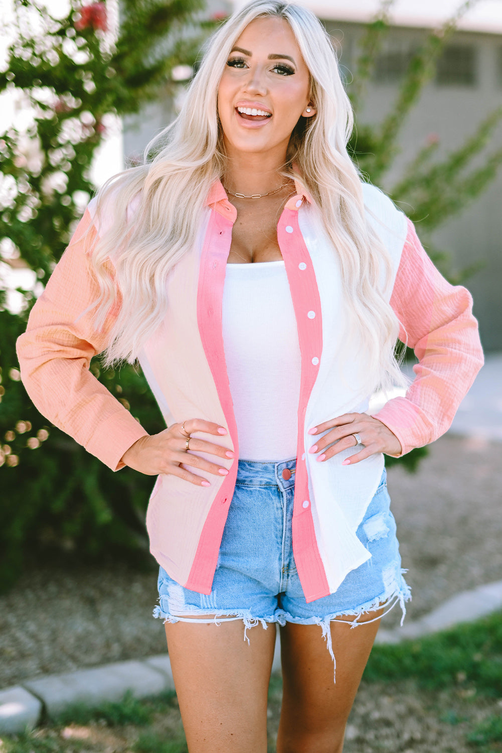 Pink Color Block Patchwork Crinkle Long Sleeve Shirt