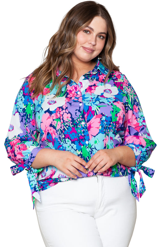 Camisa de manga larga con nudo floral en talla grande multicolor