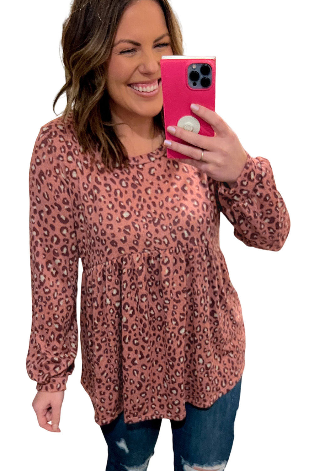 Leopard Print Long Sleeve Ruffled Babydoll Blouse