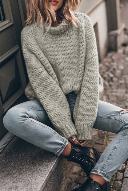 Rose Red Chunky Knit Turtle Neck Drop Shoulder Sweater