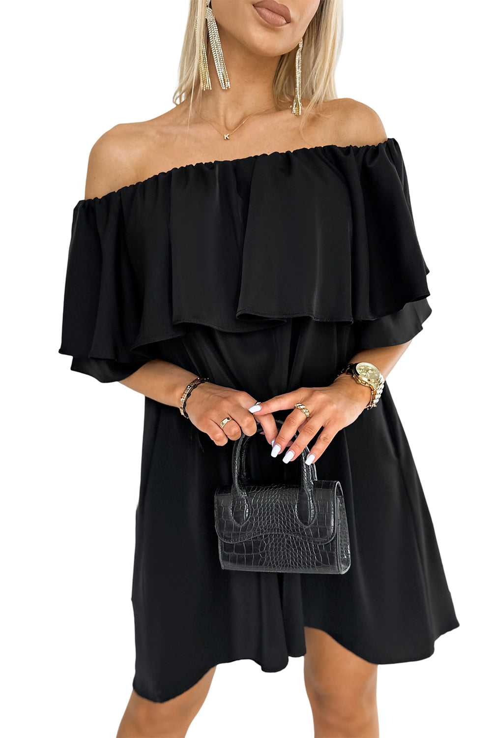 Black Off The Shoulder Ruffle Casual Shift Dress