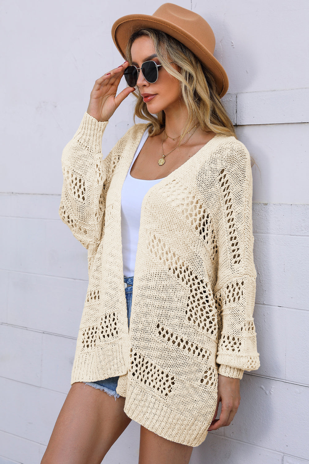 Hollowed Knit Dolman Sleeve Cardigan