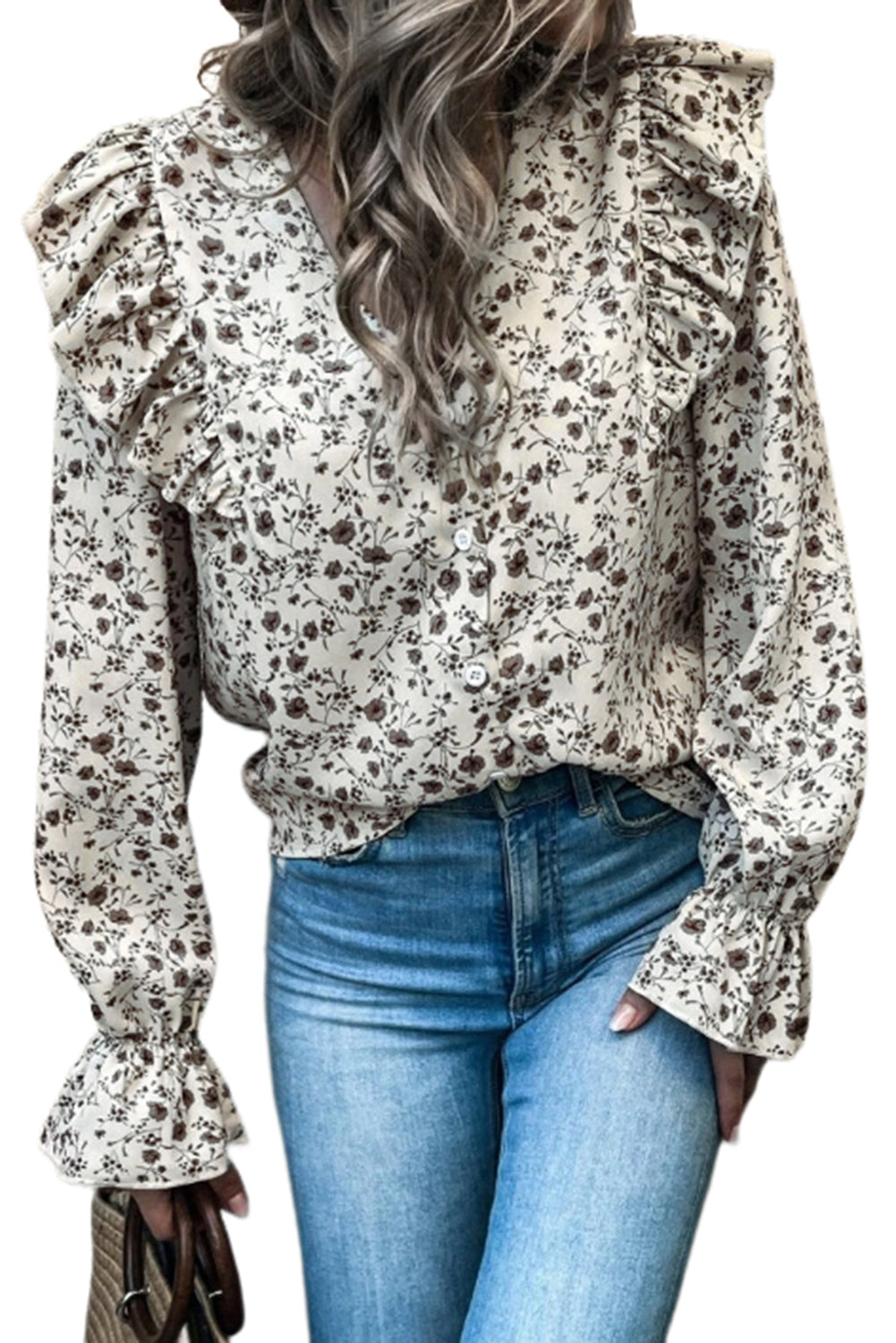 Floral Print V Neck Ruffled Blouse