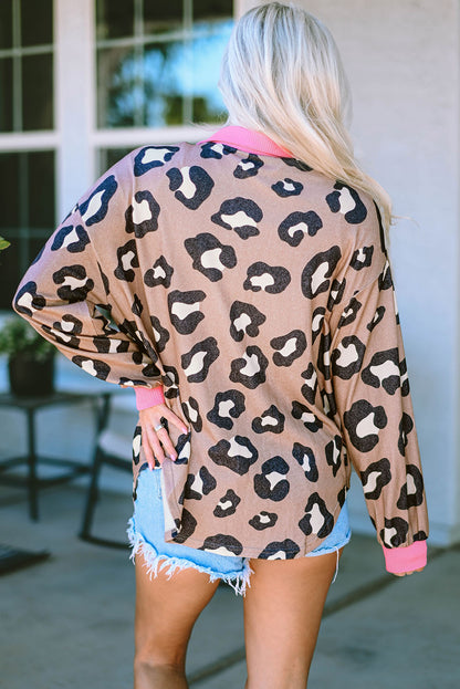 Chaqueta con cuello y ribete en contraste de canalé de leopardo