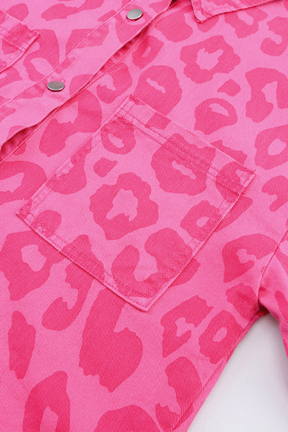 Pink Leopard Print Button Cuffs Raw Hem Jacket