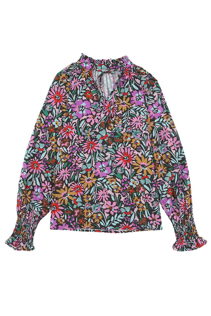 Multicolour Plus Size Floral Smocked Cuffs V-Neck Blouse