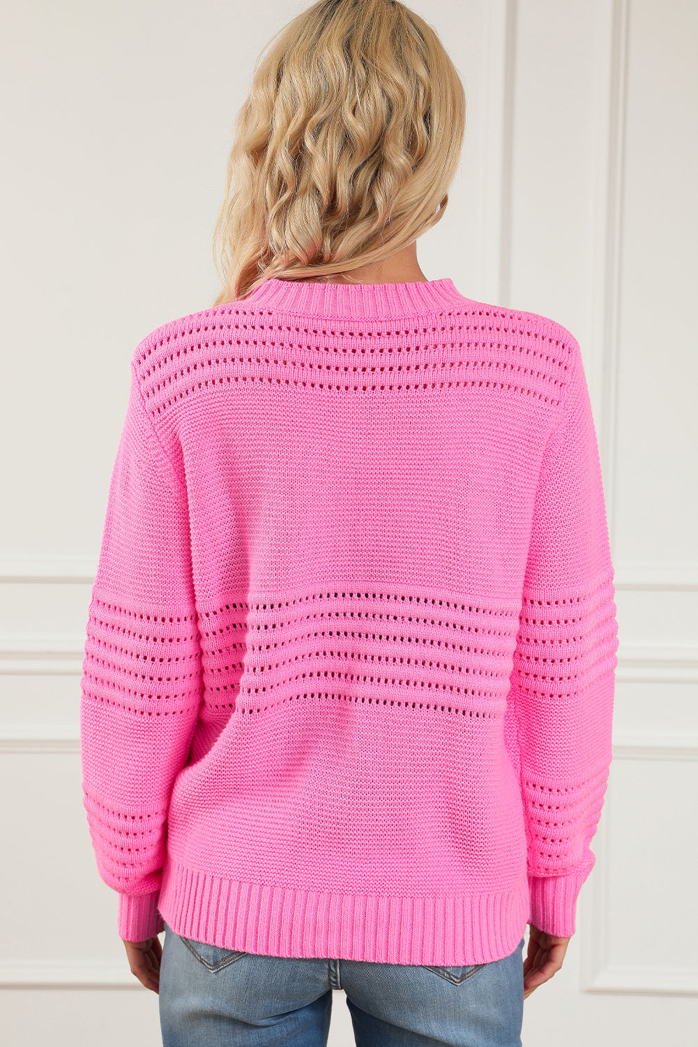 Pink Solid Color Cable Knit Eyelets Mock Neck Sweater