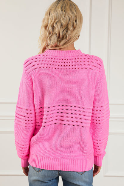 Pink Solid Color Cable Knit Eyelets Mock Neck Sweater