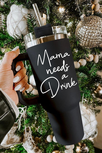 Mama Needs a Drink's stainless steel tumblers are everyday must-haves! Enjoy a firm lid, comfy handle, and matching straw, plus insulation technology for temperature maintenance. Crafted from 95% PC and 5% stainless steel, and available in chic black - get yours now at Moodz Boutique!