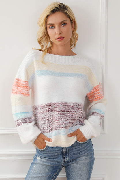 Multicolor Colorblock Striped Bishop Sleeve Fuzzy Sweater