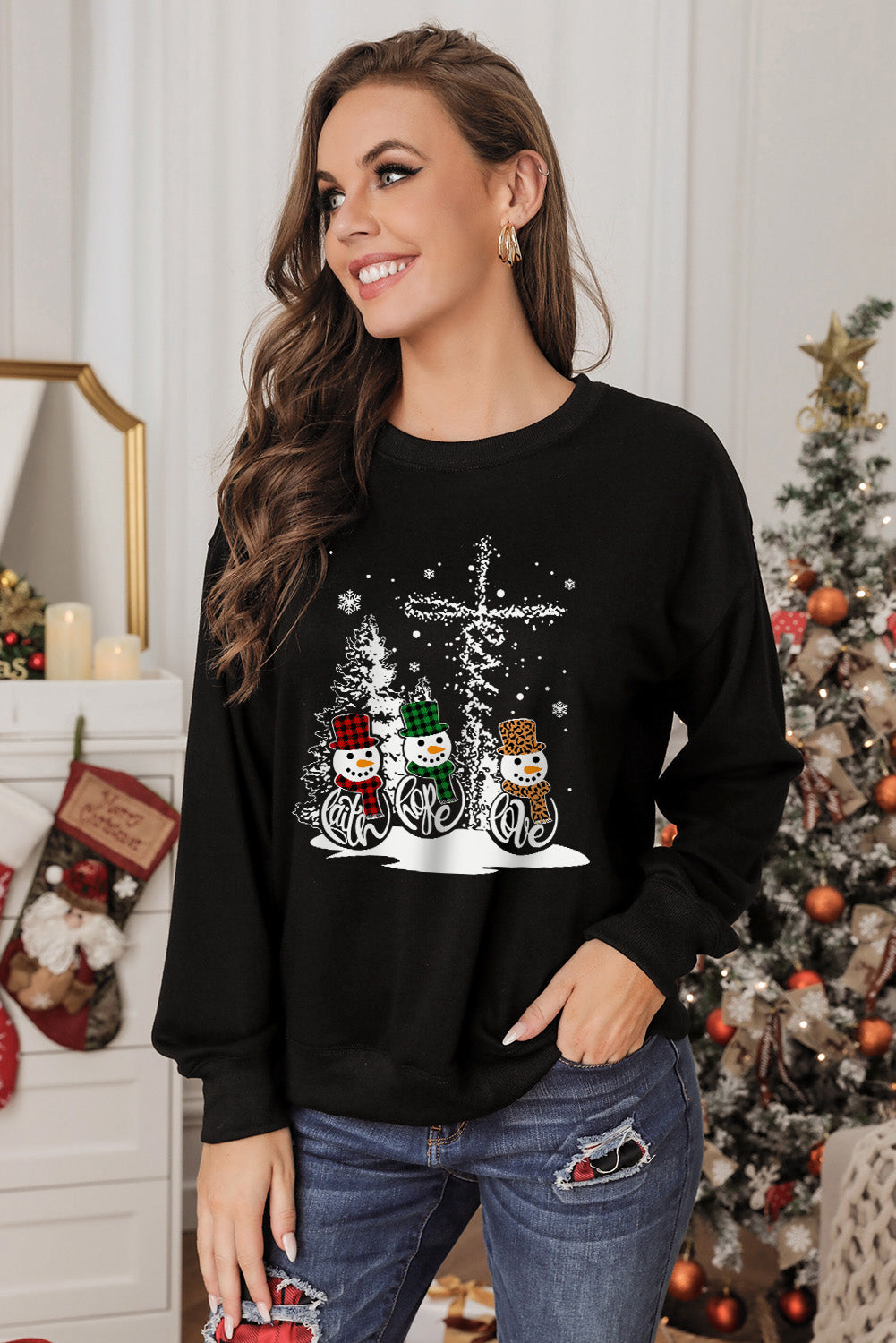 Gray Christmas Letter Plaid Car Graphic Print Pullover Sweatshirt