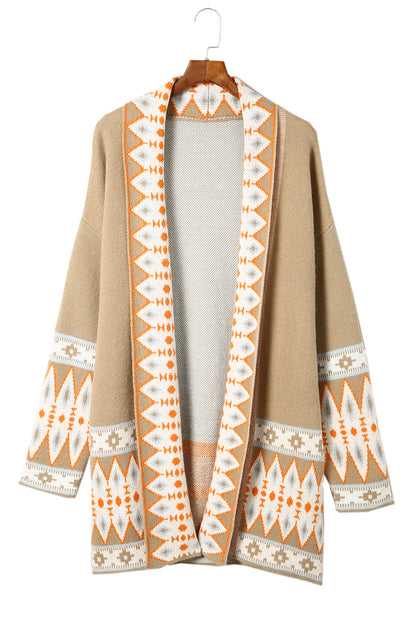 Green Aztec Print Open Front Knitted Cardigan