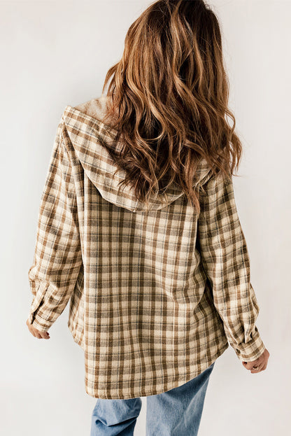 Gray Plaid Pattern Sherpa Lined Hooded Shacket