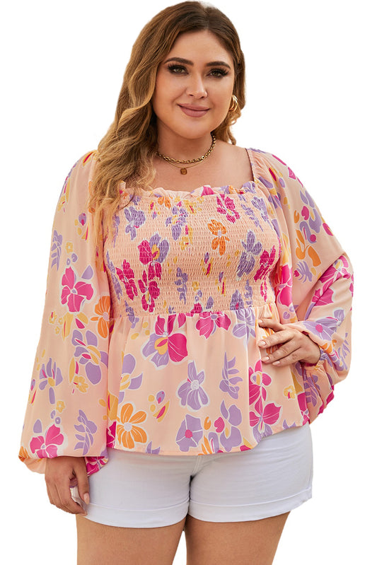 Blusa peplum de manga larga fruncida con estampado floral 