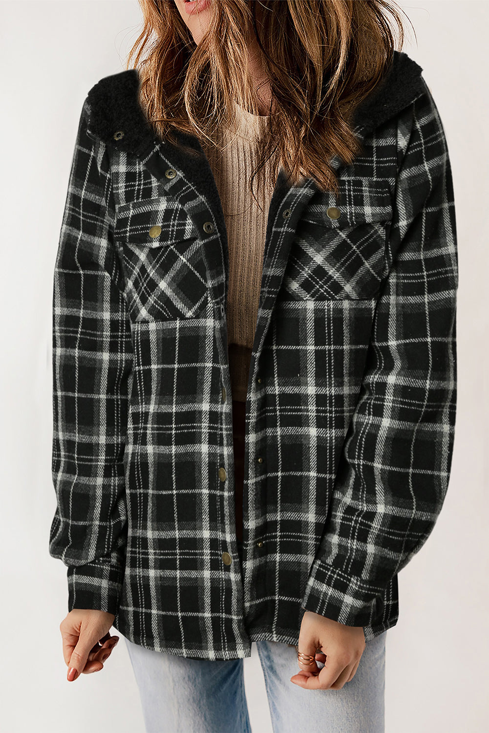 Gray Plaid Pattern Sherpa Lined Hooded Shacket