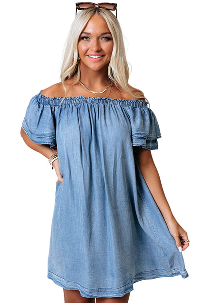 Sky Blue Off-shoulder Ruffle Sleeves Chambray Dress