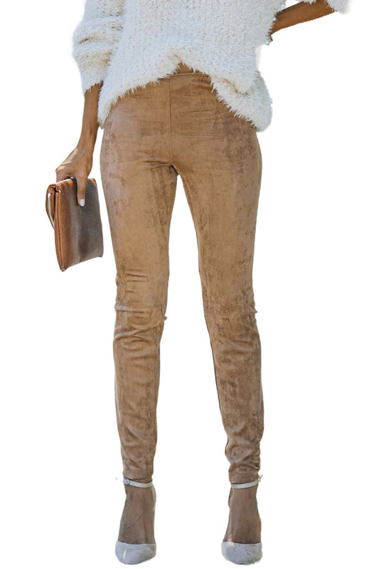 Khaki High Waist Faux Suede Skinny Leggings