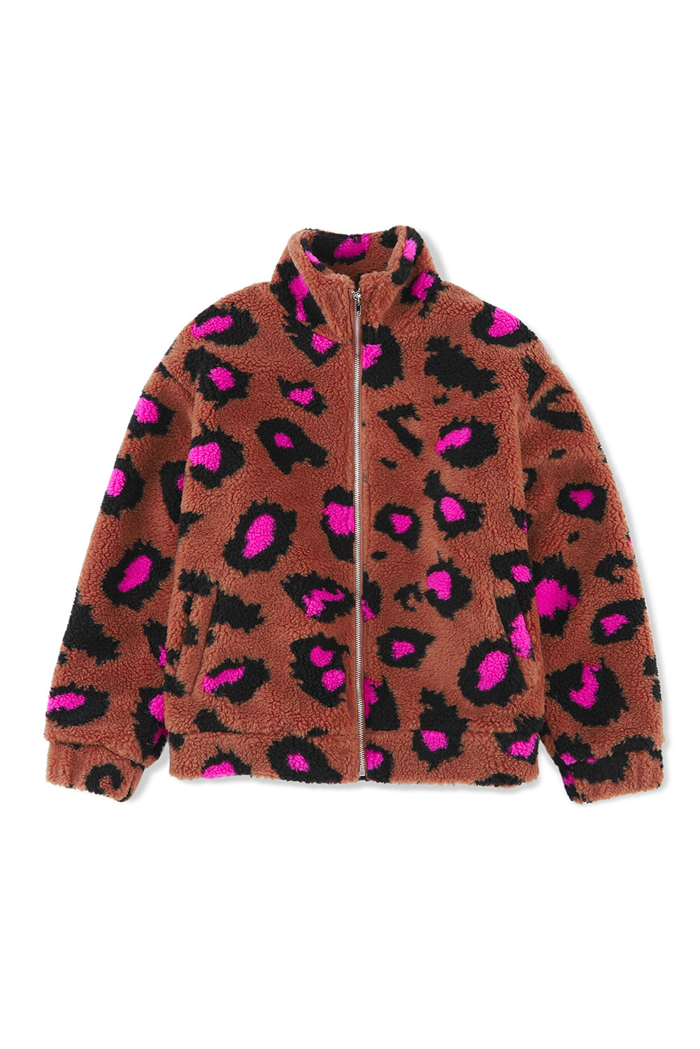 Chaqueta de peluche de sherpa con cuello alto y cremallera de leopardo