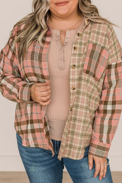 Orange Drop Shoulder Rounded Hem Plaid Pattern Shirt