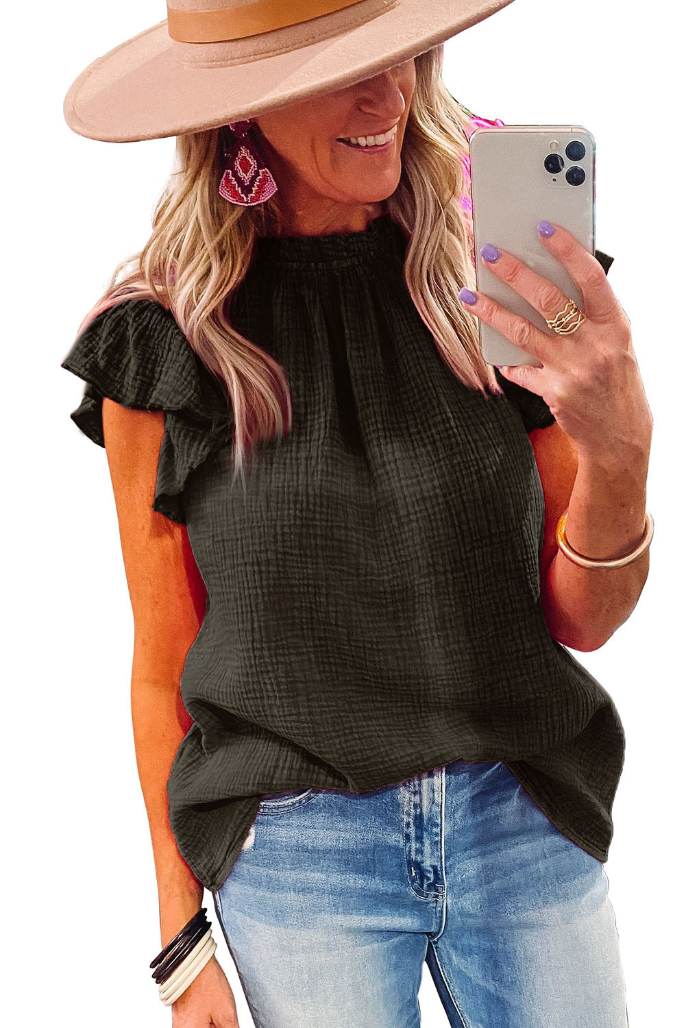 Blusa texturizada con mangas onduladas 