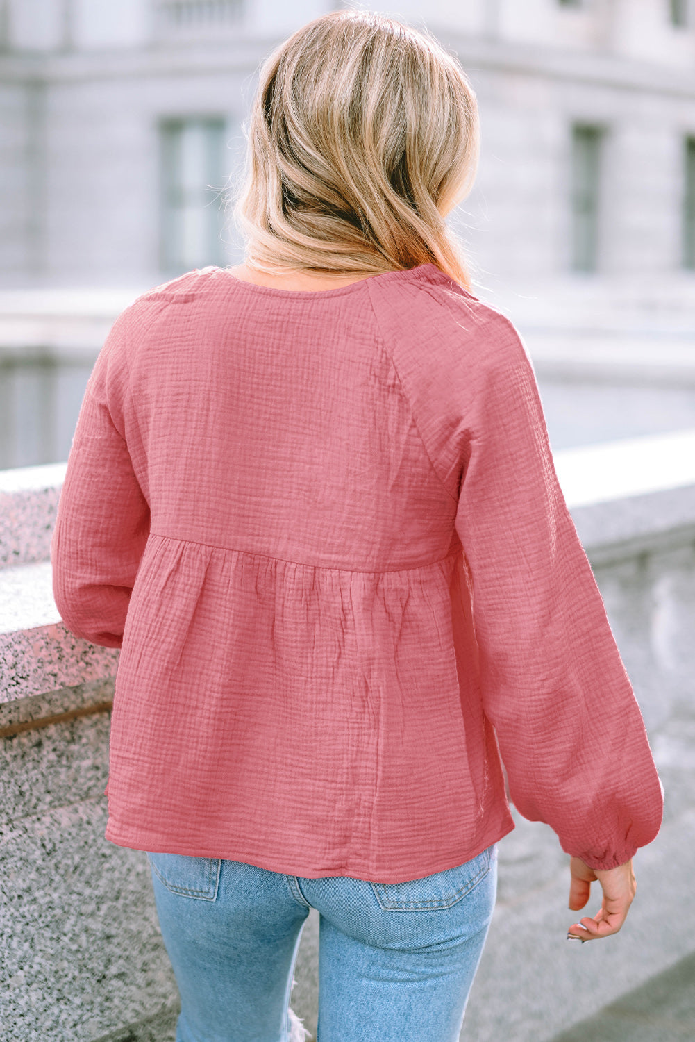 Pink Bubble Sleeve Textured Flowy Blouse