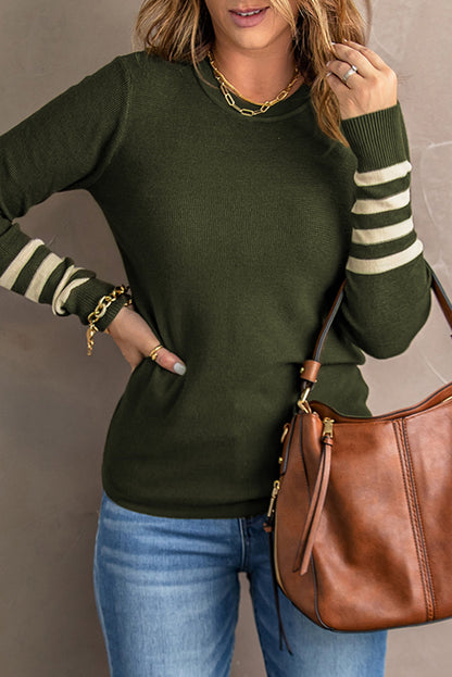 Rose Striped Sleeve Plain Knit Sweater