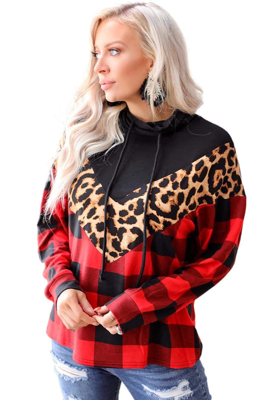 Sudadera de cuello alto con estampado de leopardo y cuadros escoceses de Chevron en rojo