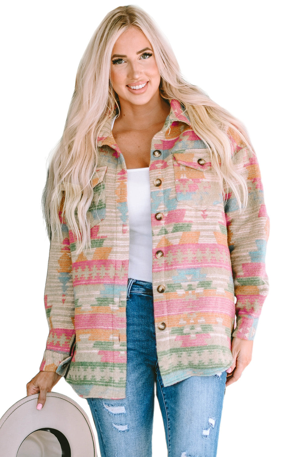 Fashion-forward jacket with an attention-grabbing Aztec pattern - Flap pockets for extra practicality - Ideal for adding a bit of flair to any ensemble - Curves-friendly fit for ladies with more to love - 100% Polyester - Bright Yellow or Multi-hued options available!