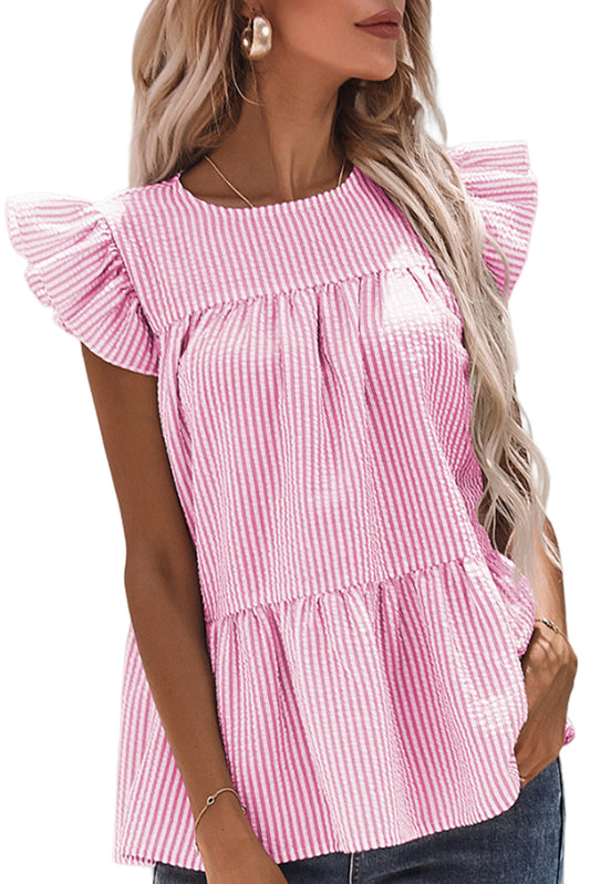 Pink Striped Print Flutter Sleeve Gathered Top