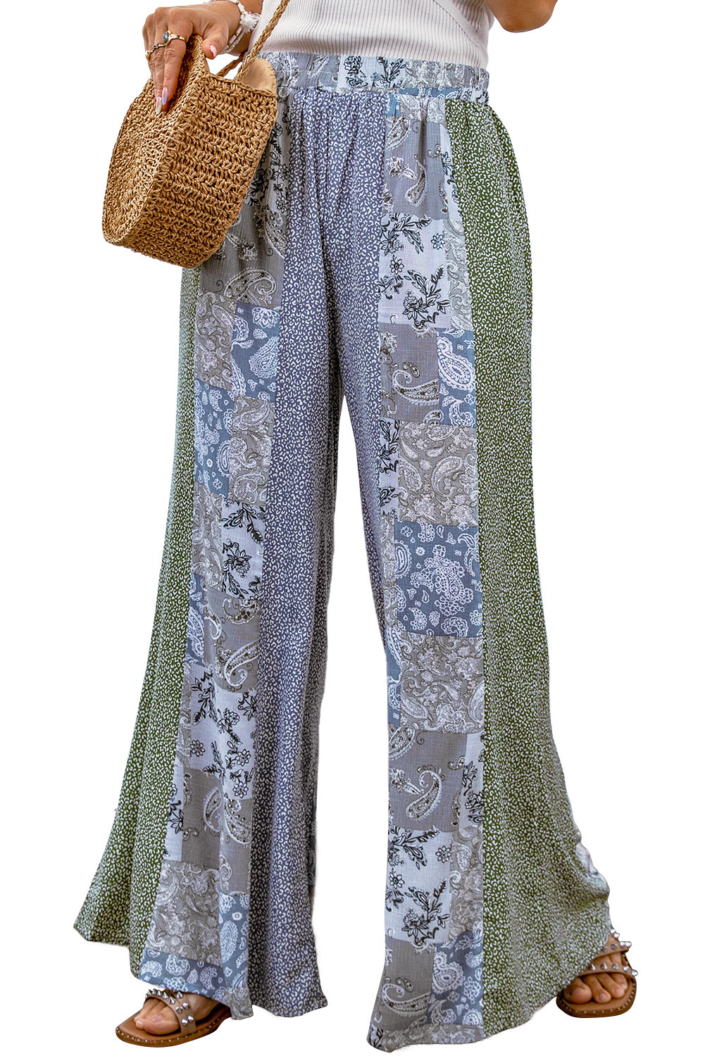 Blue Paisley Mixed Print Wide Leg Pants