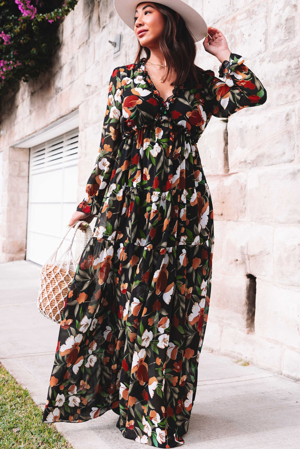 Black Wild Lotus Ruffle Tiered Maxi Dress