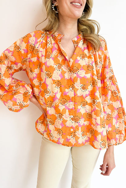 Camisa de manga suelta con estampado floral naranja