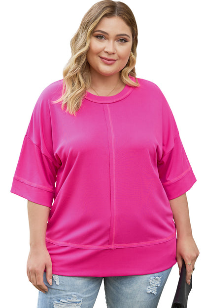 Pink Plus Size Ribbed 3/4 Sleeves Flowy Top