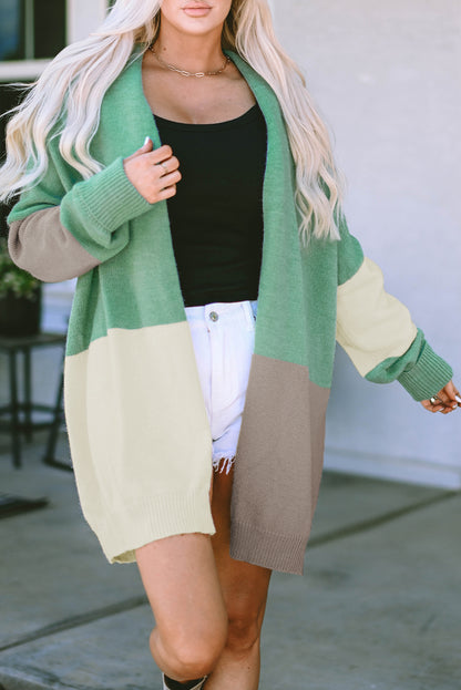 Green Colorblock Draped Open Front Chunky Cardigan