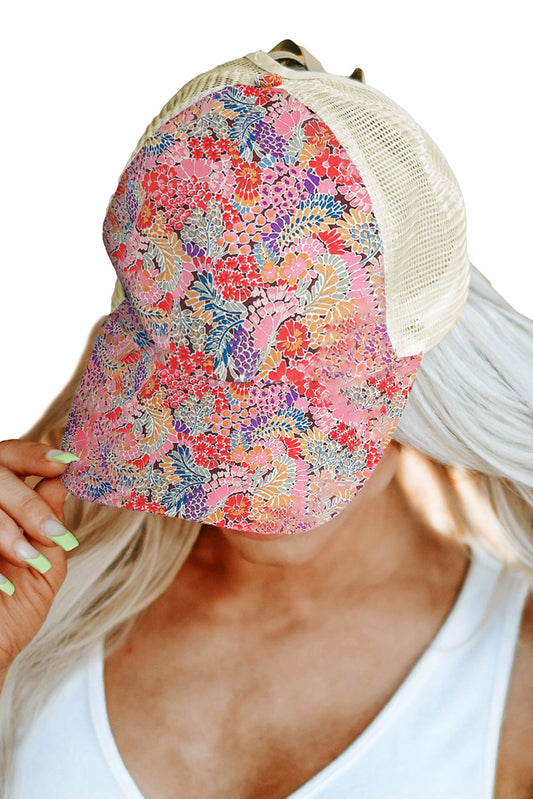 Gorra de béisbol con diseño entrecruzado de retazos de malla floral multicolor 