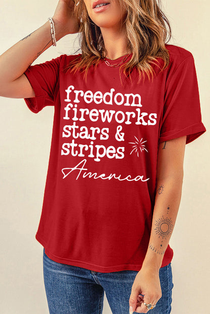 Red American Freedom Day Slogan Print T Shirt