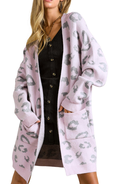 Pink Leopard Pocketed Open Front Long Cardigan